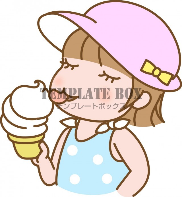 7月のイメージのワンポイントイラスト、夏休みの子ども、ソフトクリームを食べるカワイイ女の子