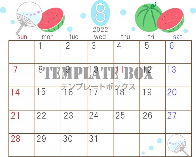 2022年8月の横型のカレンダー素材、スイカとうちわとドットの夏らしいイラスト付きのカレンダー