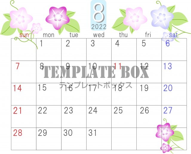 2022年8月の横型のカレンダー素材、3色の朝顔の花のかわいいイラスト付きのカレンダー