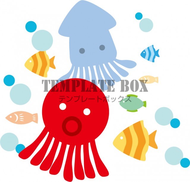 海の素材 たこといかがかわいい海の生物がたくさんのワンポイトイラスト 無料イラスト素材 Templatebox