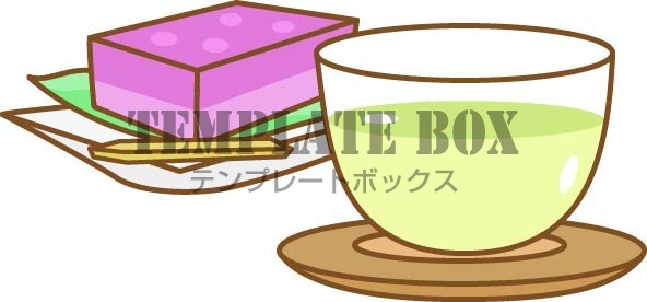 ８月夏のイメージのワンポイントイラスト、涼し気な水羊羹とグラスに入った冷たい緑茶
