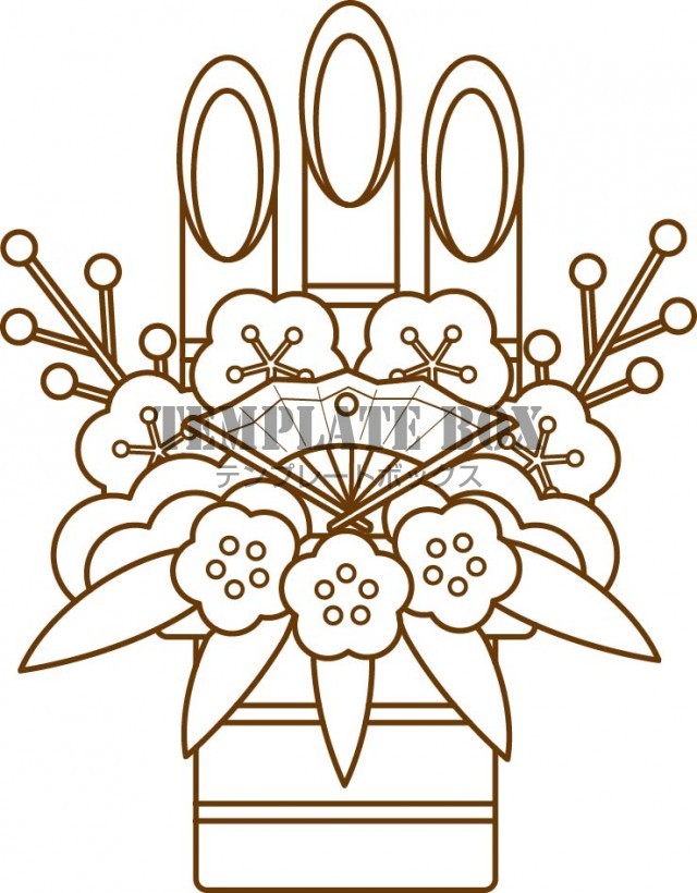 松竹梅のおめでたい門松の塗り絵素材、梅の花に囲まれた扇子を中央に配置した華やかなデザイン