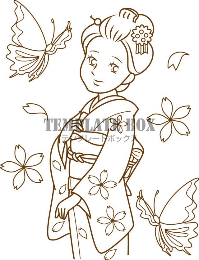 日本髪を結った着物姿の横向きの女性の塗り絵素材、美しい蝶と桜の花の背景
