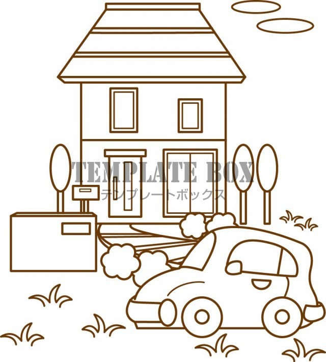 住宅・一軒家、かわいい家の塗り絵素材、庭付き一戸建てのマイハウスと車のイラスト