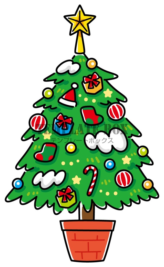 クリスマスカードやpopの作成に使えるやいろいろなオーナメントを飾ったクリスマスツリーのイラスト素材 無料イラスト素材 Templatebox