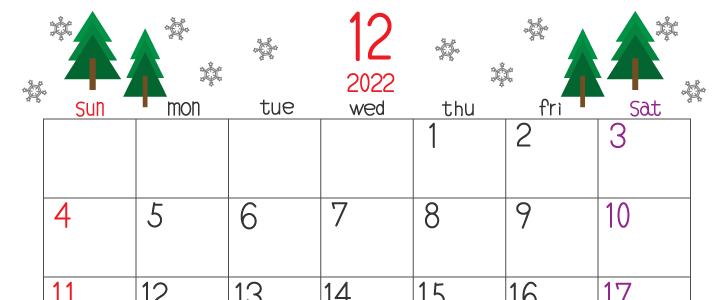 カレンダー｜１２月｜２０２２年｜ツリー｜クリスマス｜雪の結晶｜横型｜無料テンプレート｜無料｜ダウンロード