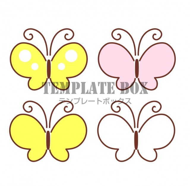 4月・春の季節に白・黄色・ピンク（モンシロチョウ・モンキチョウ）いろんな種類の蝶々のフリーイラスト素材