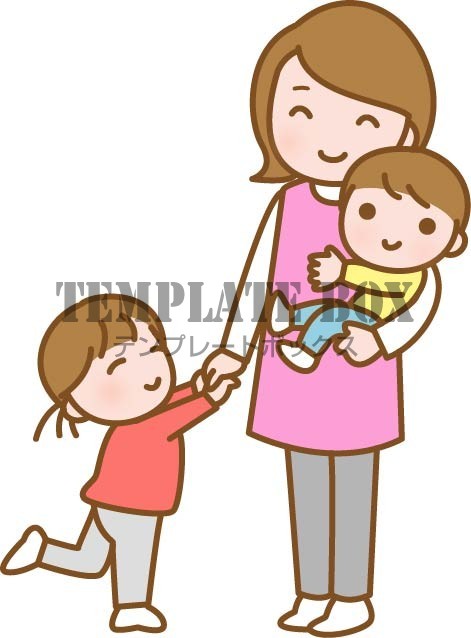 保育園用のイラスト、子どもを抱っこする保育士と甘えるかわいい子どもたち