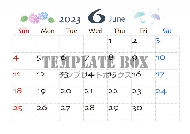 22023年カレンダーテンプレート　6月 紫陽花と傘のかわいいイラスト入り