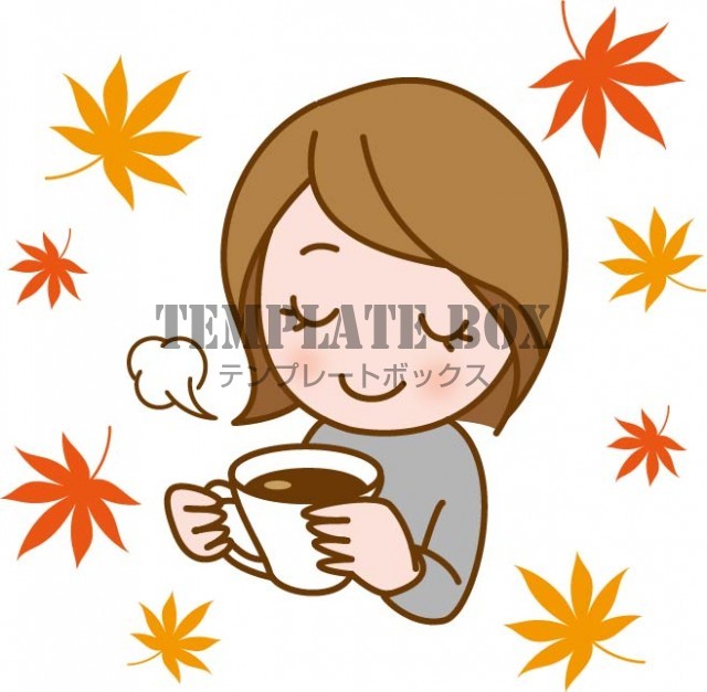 秋のイメージのワンポイントイラスト、ホットコーヒーを飲みながら秋の雰囲気に浸る女性