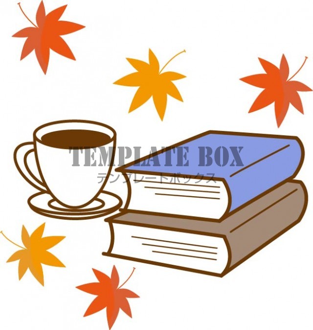 読書の秋のイメージのワンポイントイラスト、書籍とホットコーヒーと紅葉