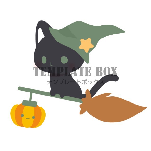 秋10月のハロウィンイラスト・ほうきにのった魔法使い黒猫ちゃん