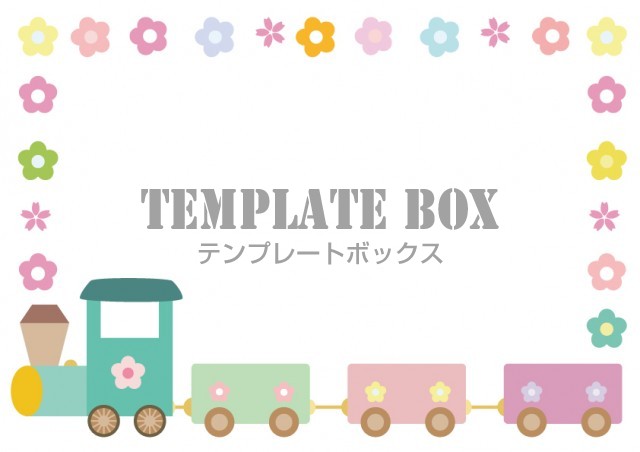 4月 電車 花 手書き風のデザイン かわいいイラストのフレーム はがき フリー素材 無料イラスト素材 Templatebox